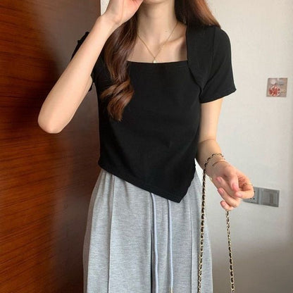 T-Shirt Cropped Neck Square Irregular Short-Sleeve