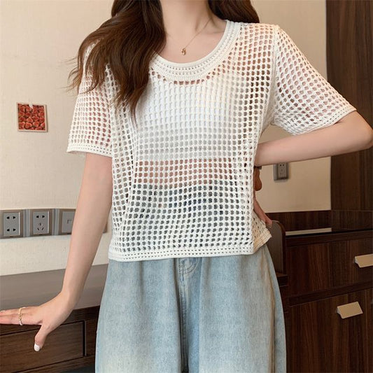 Short-Sleeve Perforated Top Knit