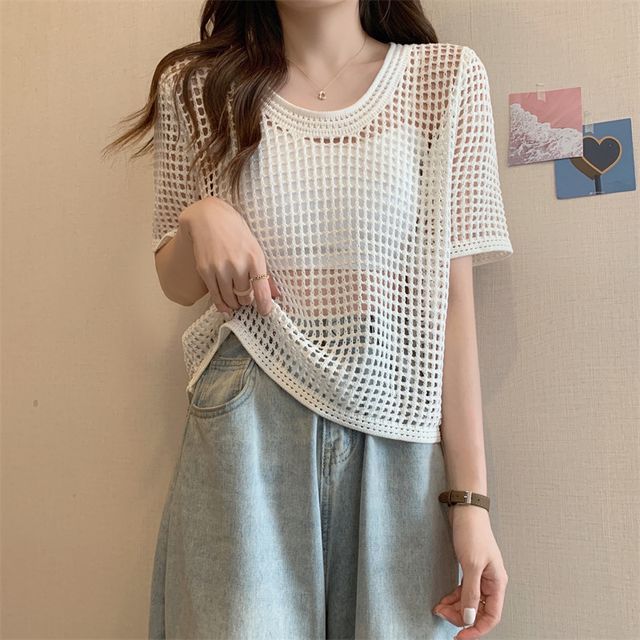 Short-Sleeve Perforated Top Knit