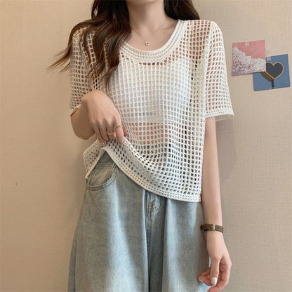 Short-Sleeve Perforated Top Knit