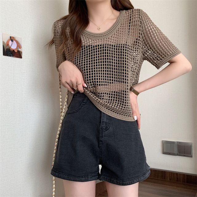 Short-Sleeve Perforated Top Knit