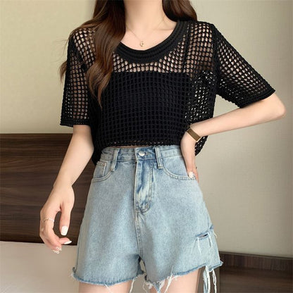 Short-Sleeve Perforated Top Knit