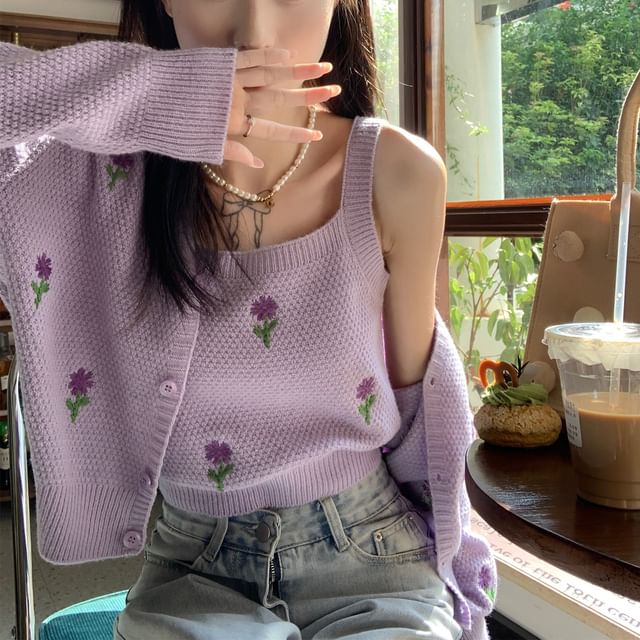 Neck Set: Embroidered Square Floral Top Crop Knit Tank Cardigan +