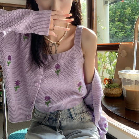 Neck Set: Embroidered Square Floral Top Crop Knit Tank Cardigan +