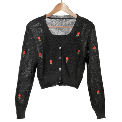 Neck Set: Embroidered Square Floral Top Crop Knit Tank Cardigan +