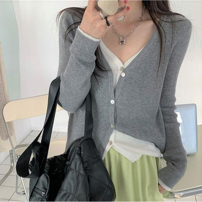 Tone Two Mock Long-Sleeve Two-Piece V-Neck Top Knit Button-Up