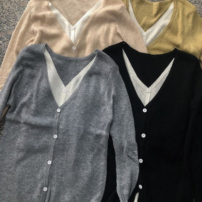 Tone Two Mock Long-Sleeve Two-Piece V-Neck Top Knit Button-Up