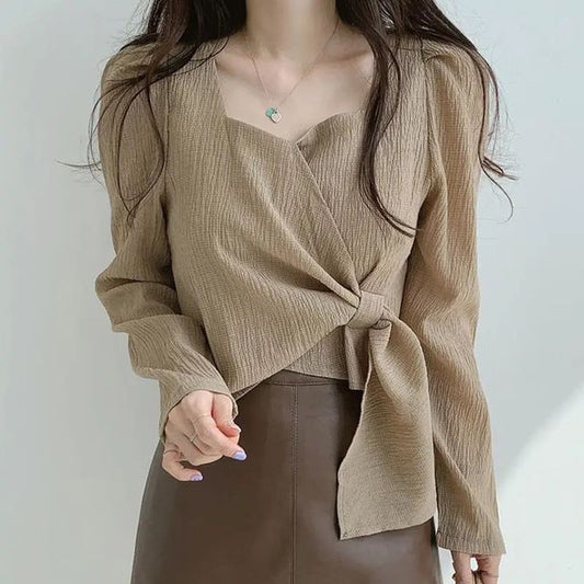 Blouse Sweetheart-Neckline Puff-Sleeve Plain Tie-Side