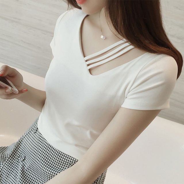 V-Neck Asymmetrical Short-Sleeve Strappy Plain Tee