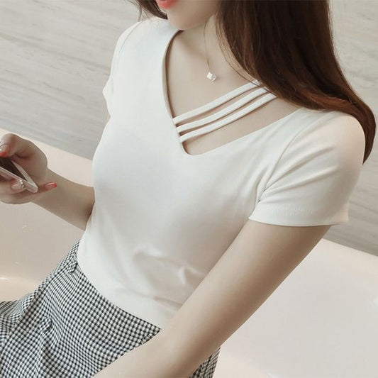 V-Neck Asymmetrical Short-Sleeve Strappy Plain Tee