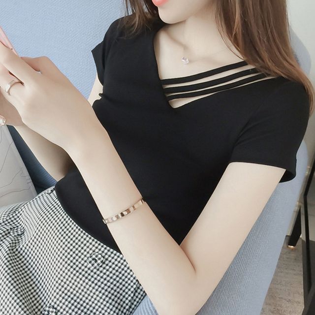 V-Neck Asymmetrical Short-Sleeve Strappy Plain Tee