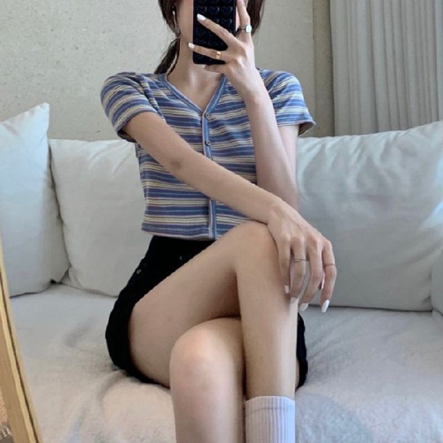 Striped Short-Sleeve Crop Button-Up Tee V-Neck