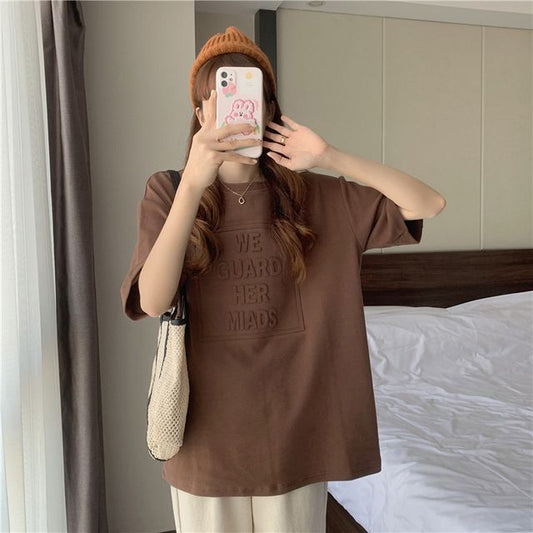 Elbow-Sleeve Embossed Neck Lettering Tee Plain Oversized Crew