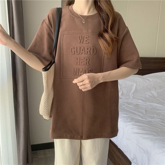 Elbow-Sleeve Embossed Neck Lettering Tee Plain Oversized Crew