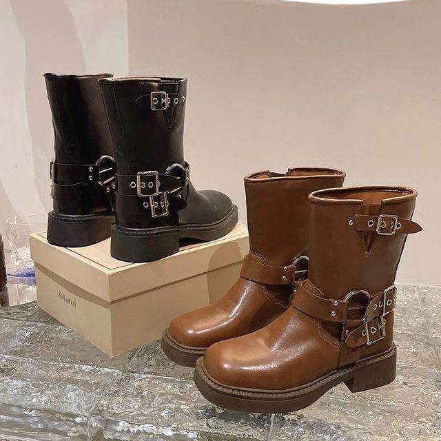 Boots Heel Chunky Buckled Short