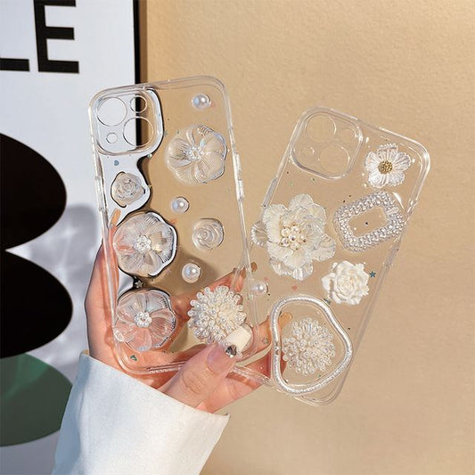 Floral Faux Pearl Transparent Phone Case