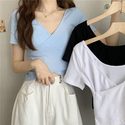 Short-Sleeve T-Shirt Plain V-Neck Wrap Crop