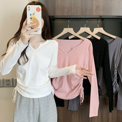 Drawstring Long-Sleeve Plain V-Neck T-Shirt