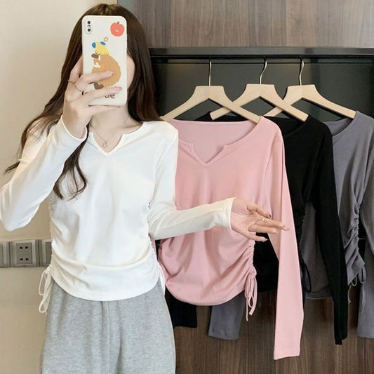 Drawstring Long-Sleeve Plain V-Neck T-Shirt