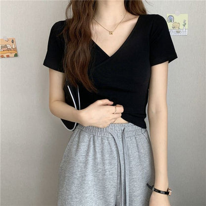 Short-Sleeve T-Shirt Plain V-Neck Wrap Crop