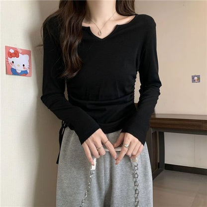 Drawstring Long-Sleeve Plain V-Neck T-Shirt