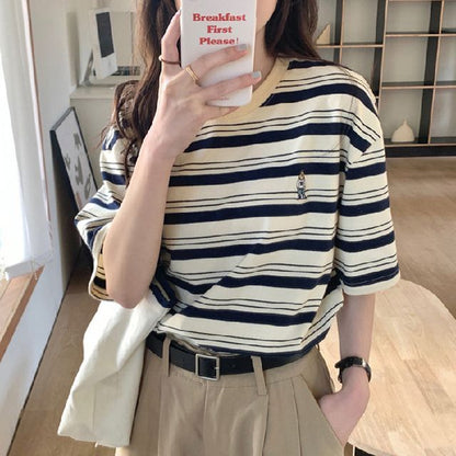 T-Shirt Neck Striped Crew Short-Sleeve