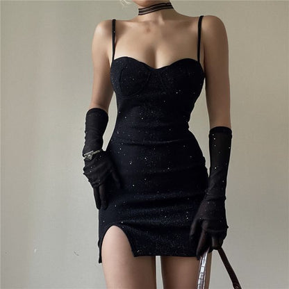 Long Bodycon Spaghetti Neckline Set: Rhinestone Mini + Sweetheart Strap Gloves Dress
