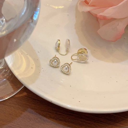/ Earring Stud Heart Pearl Rhinestone Faux Clip-On