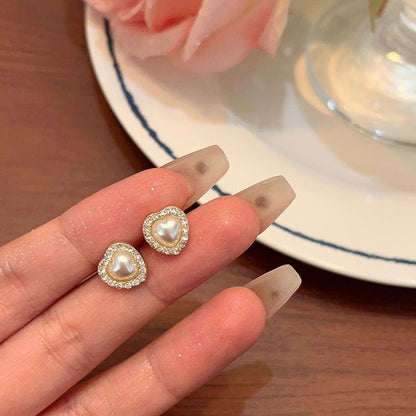/ Earring Stud Heart Pearl Rhinestone Faux Clip-On