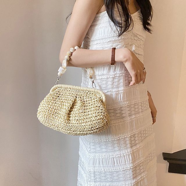 Bead Strap Straw Handbag