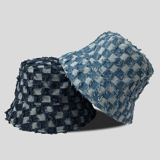 Denim Fringed Bucket Checker Hat