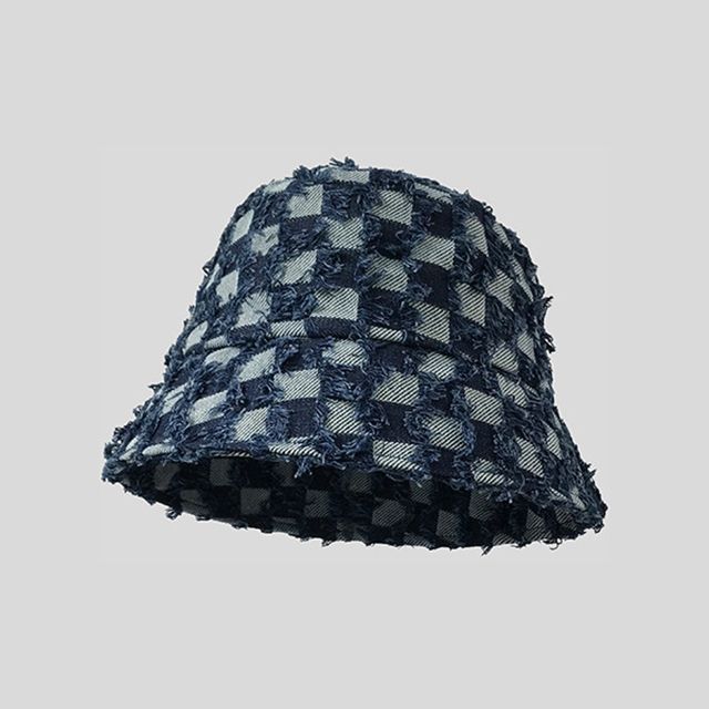 Denim Fringed Bucket Checker Hat