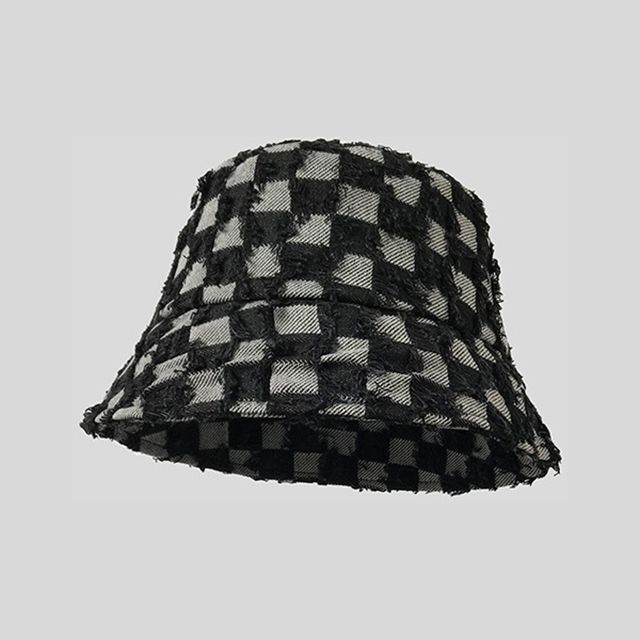 Denim Fringed Bucket Checker Hat