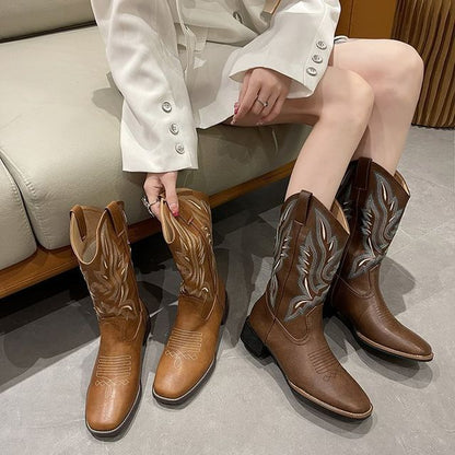 Boots Embroidered Chunky Cowboy Heel