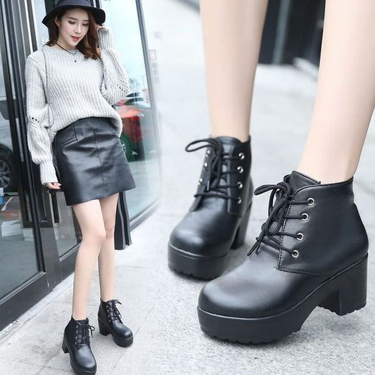 Boots Platform Ankle Heel Lace-Up Chunky