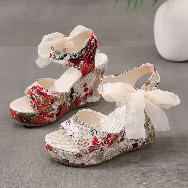 Platform Bow Sandals Wedge Floral Heel