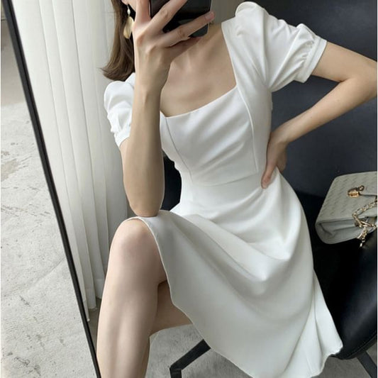 Short-Sleeve Square Neck Plain Midi A-Line Dress