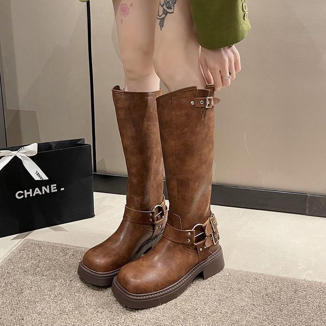Platform Boots High Multi-Buckle Knee
