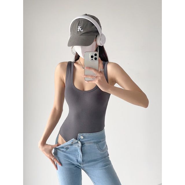 Neck Top Scoop Bodysuit Plain Sleeveless