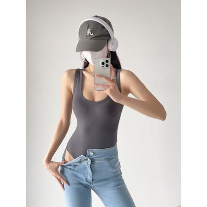 Neck Top Scoop Bodysuit Plain Sleeveless