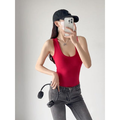 Neck Top Scoop Bodysuit Plain Sleeveless
