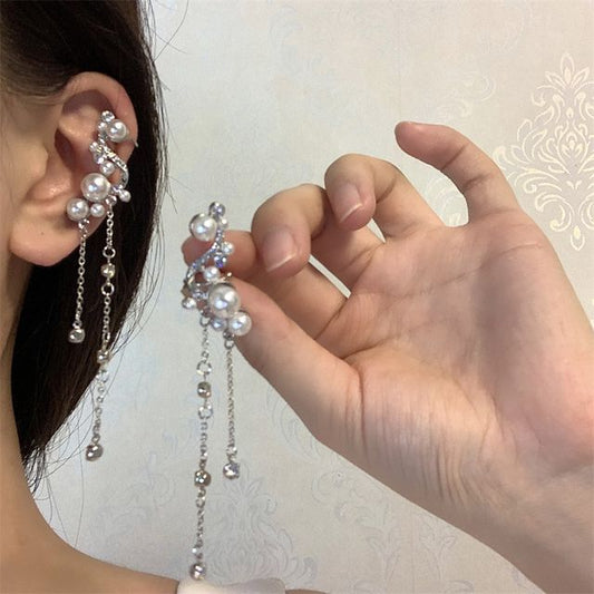 Pearl Ear Cuff Rhinestone Faux Fringe