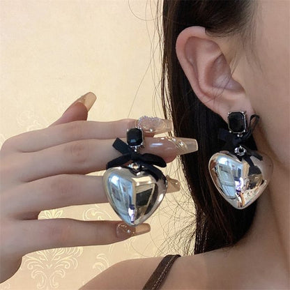 Rhinestone Bow Earring Drop Heart