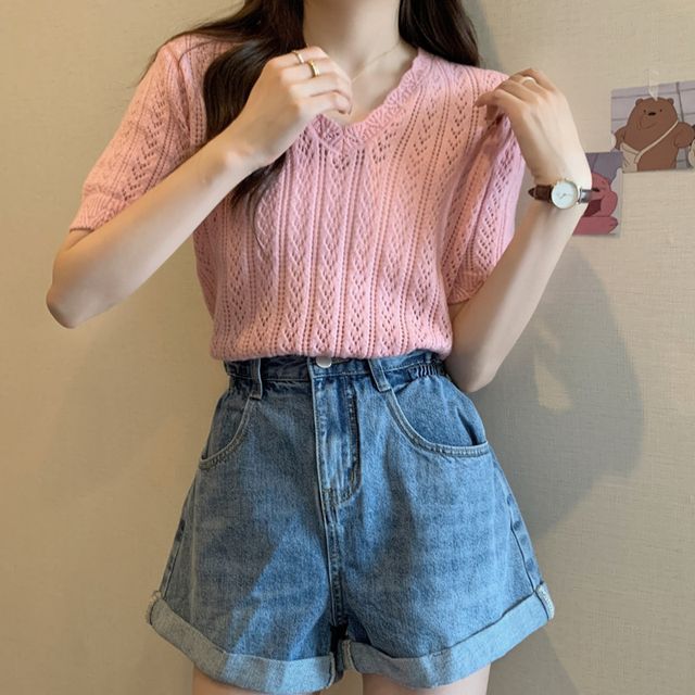 V-Neck Crochet Knit Top Short-Sleeve