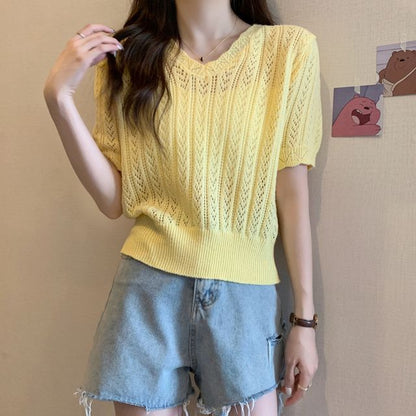 V-Neck Crochet Knit Top Short-Sleeve
