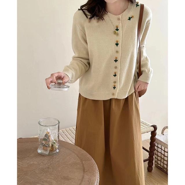 Plain Cardigan Floral Neck Crew