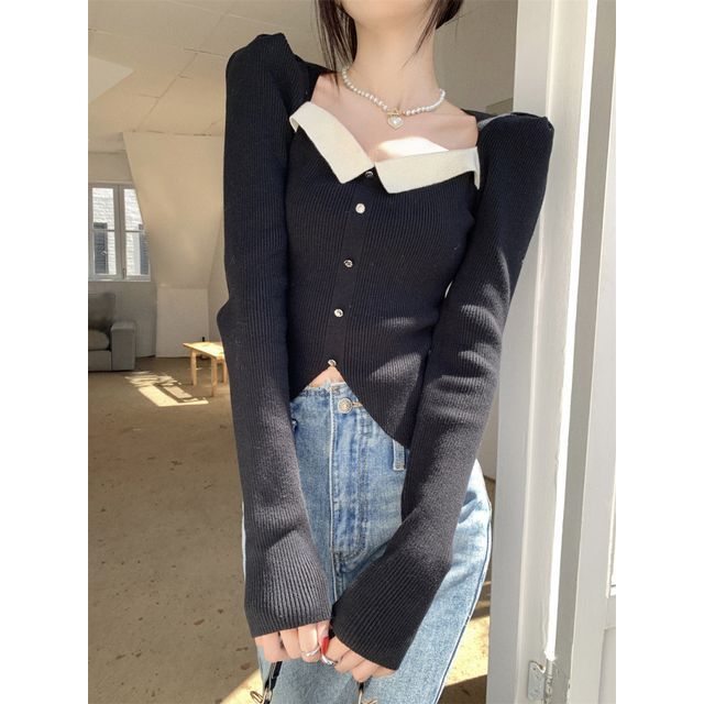 Slim-Fit Top Puff-Sleeve Square-Neck Knit