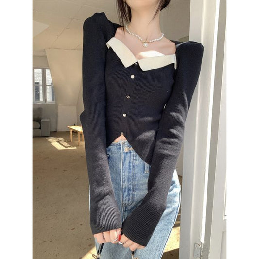 Slim-Fit Top Puff-Sleeve Square-Neck Knit