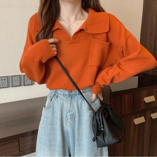 V-Neck Plain Loose-Fit Sweater