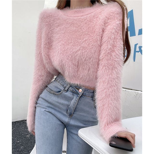 Cropped Sweater Plain Round Neck